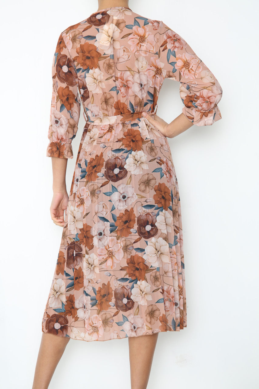 Ladies Flowers Print Wrap Style Dress With Belt Brown