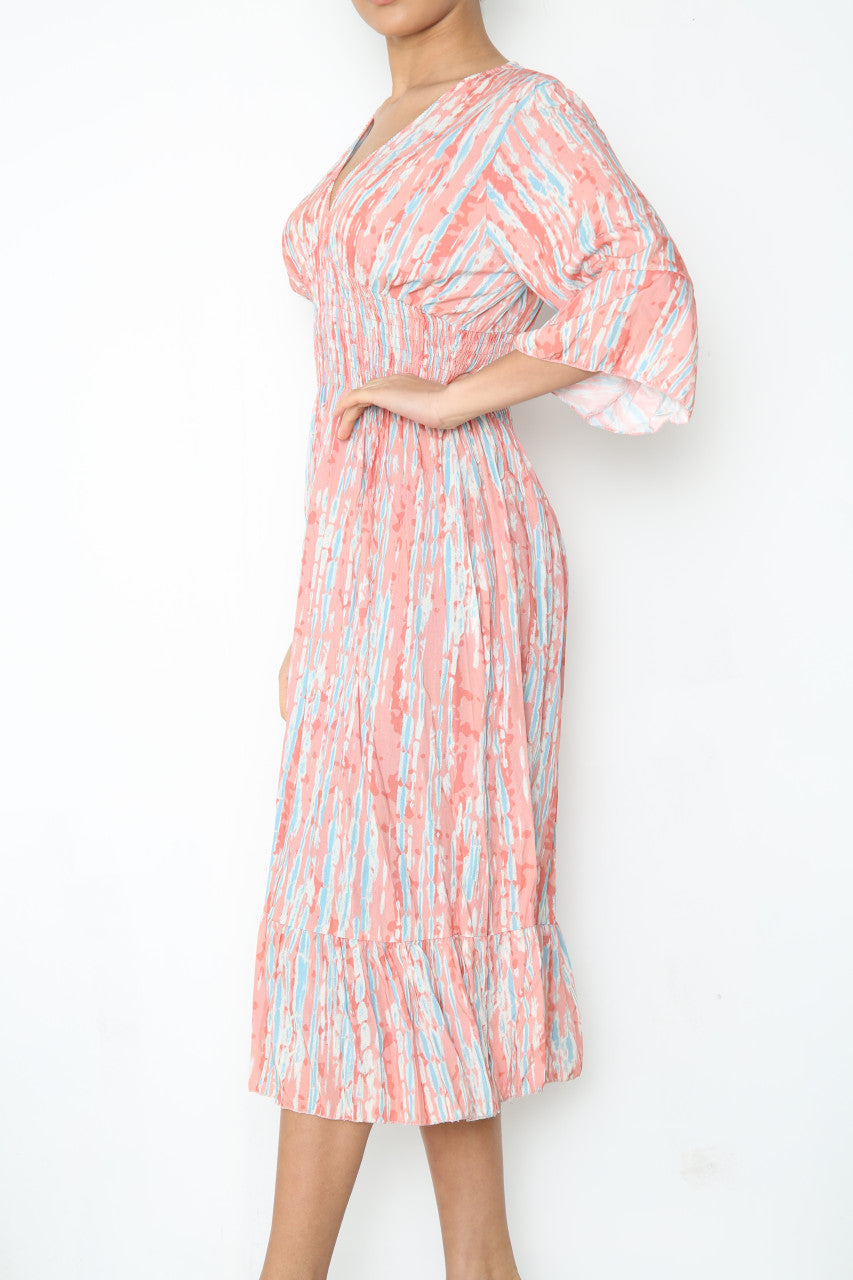 Dames Maxi-jurk met elastische tailleband en Tie-Dye print Stoffig Roze
