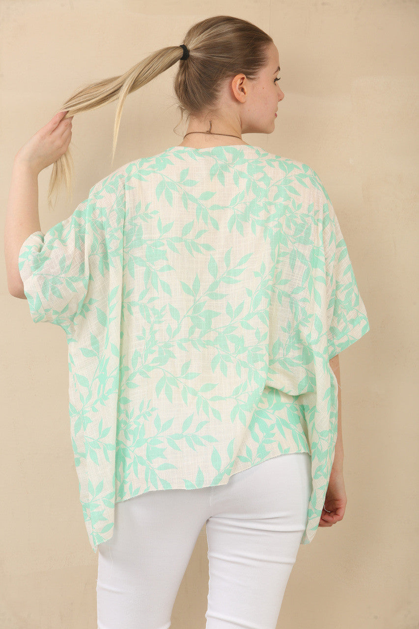 TOP MET VLEERMOUWVMOUWEN, BLADPRINT EN KETTING - MINT