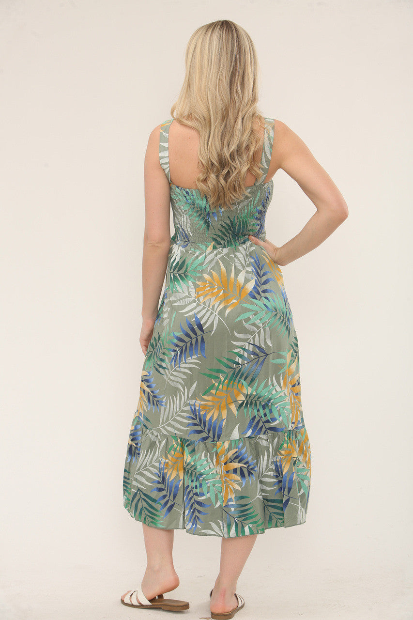 Shirred Tropical Print Dress - Khaki