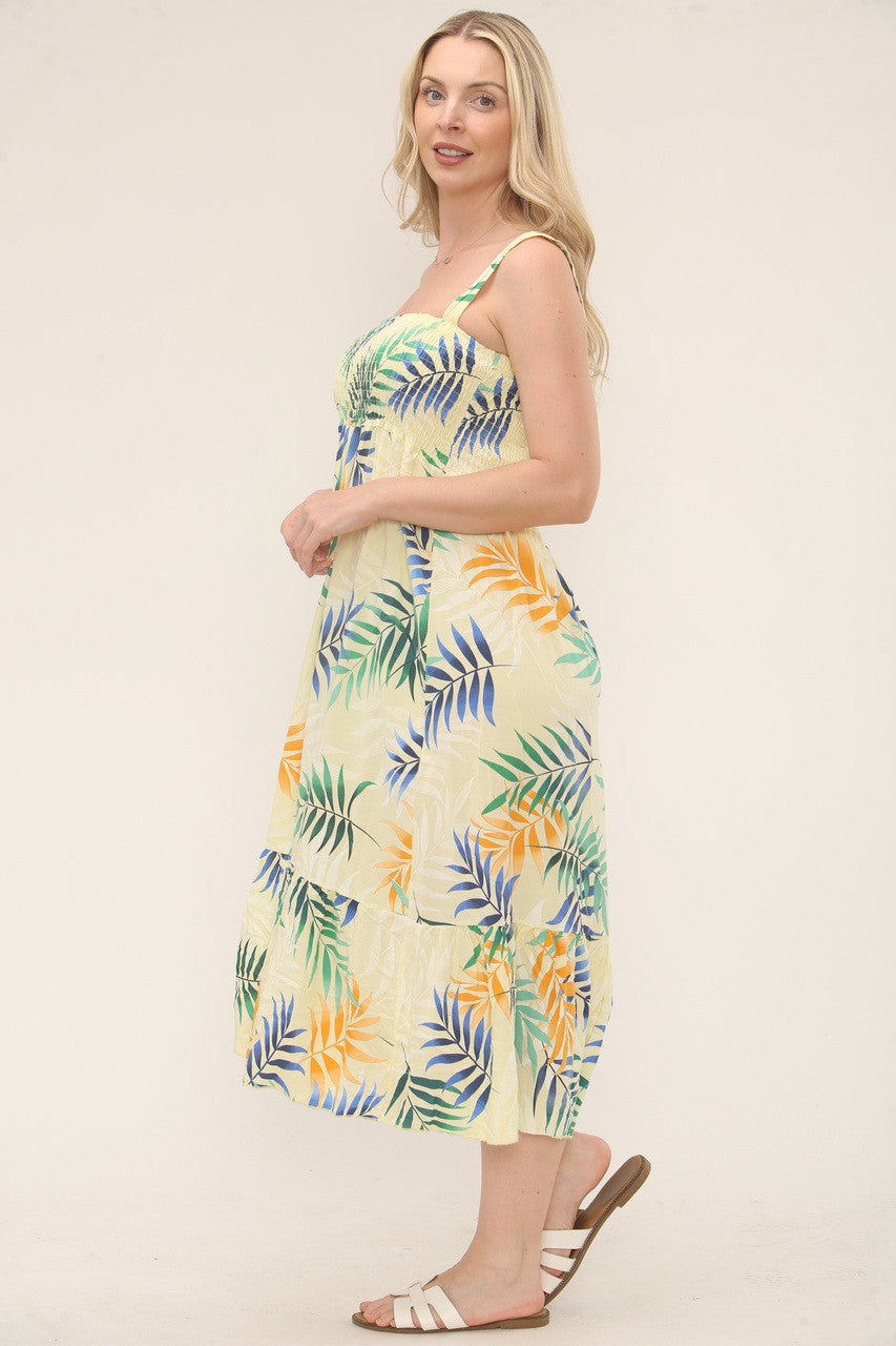 Shirred Tropical Print Dress - Lemon