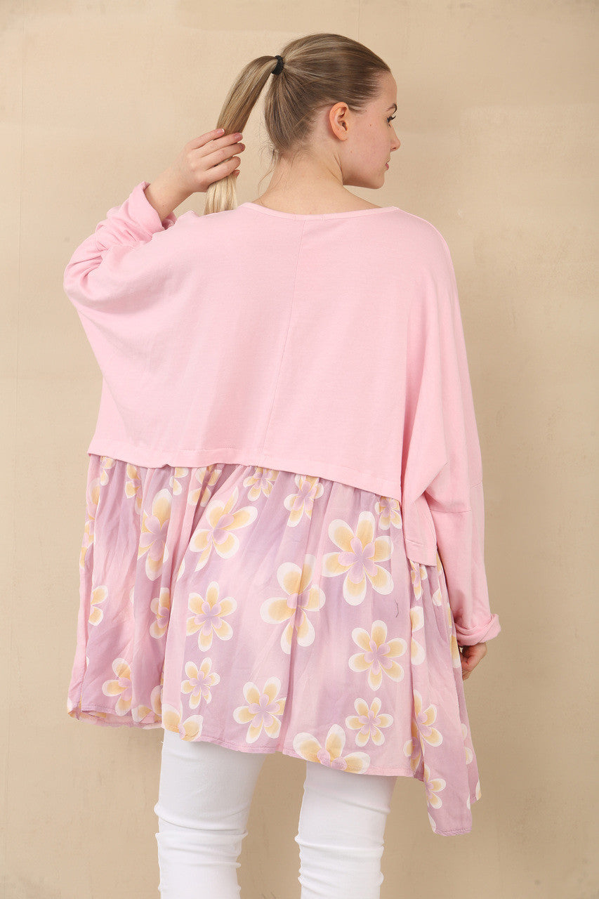 TOP MET BLADERENPRINT EN PANEEL - ROZE