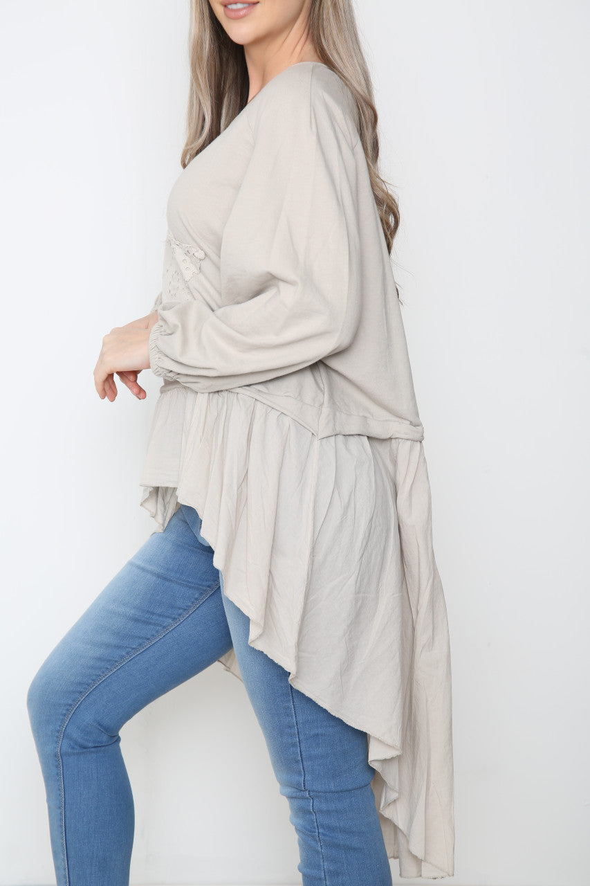Ladies Analgise Star Drop Hem Sweatshirt Top Stone