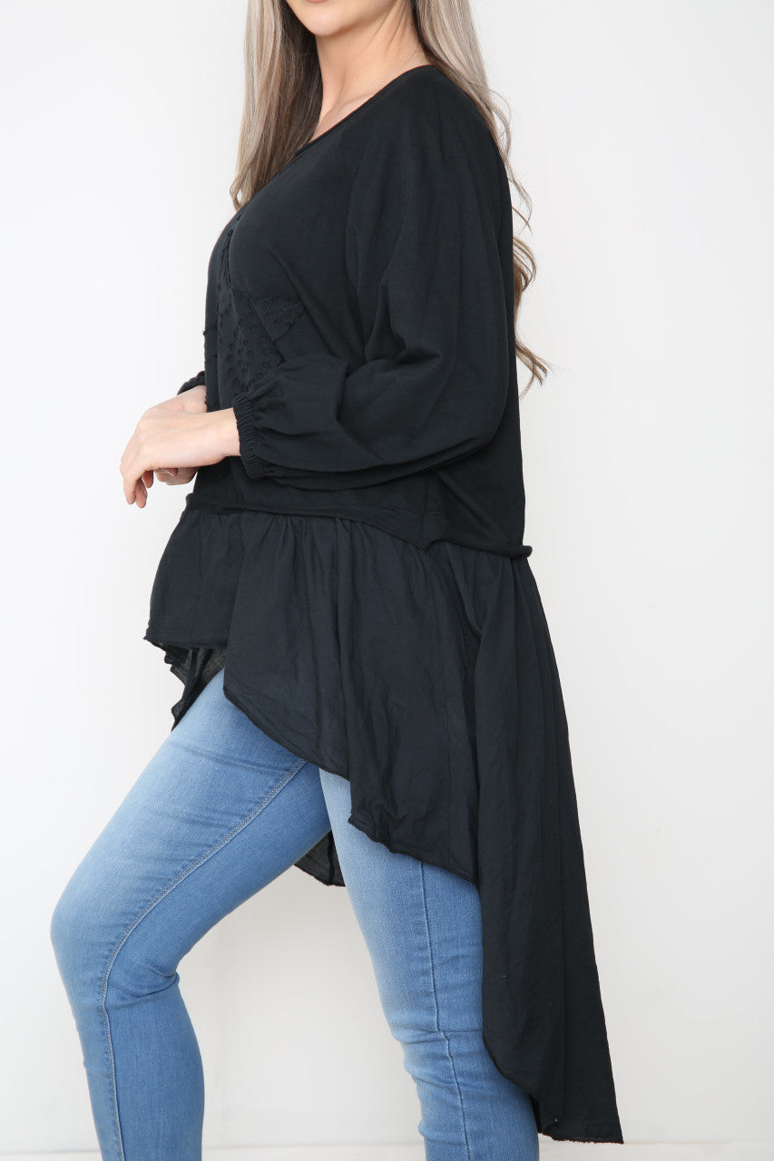 Ladies Analgise Star Drop Hem Sweatshirt Top Black