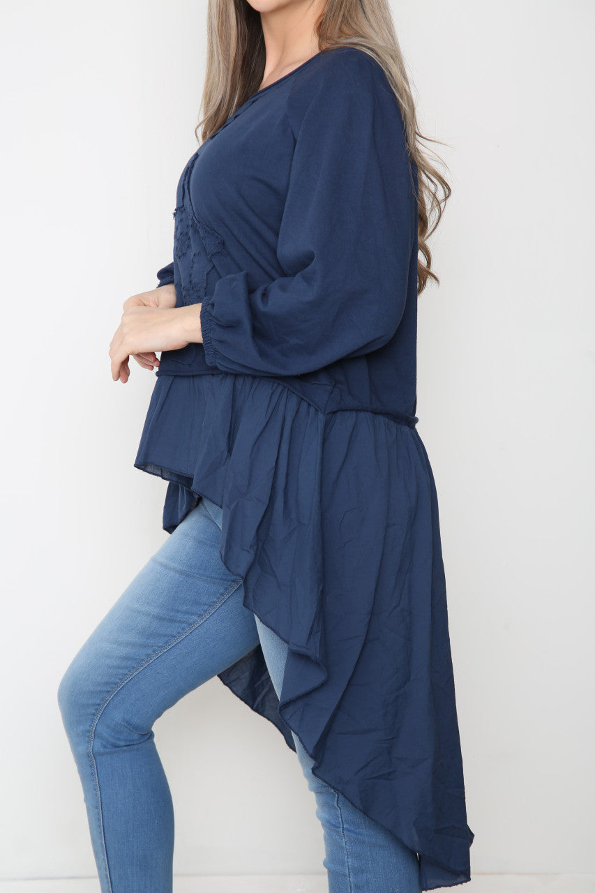 Ladies Analgise Star Drop Hem Sweatshirt Top Navy