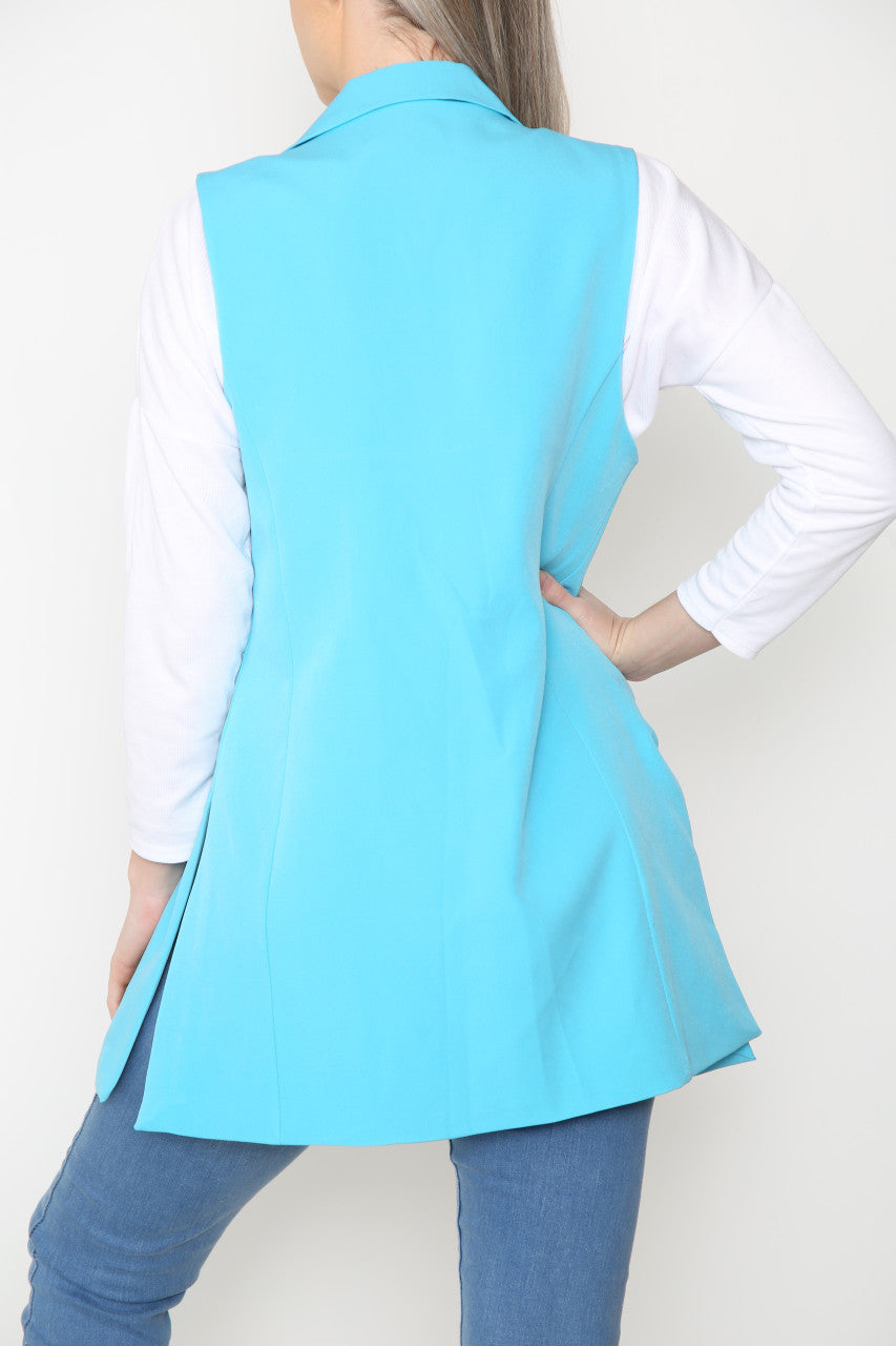 Ladies Plain Sleeveless Blazer Jacket Turquoise