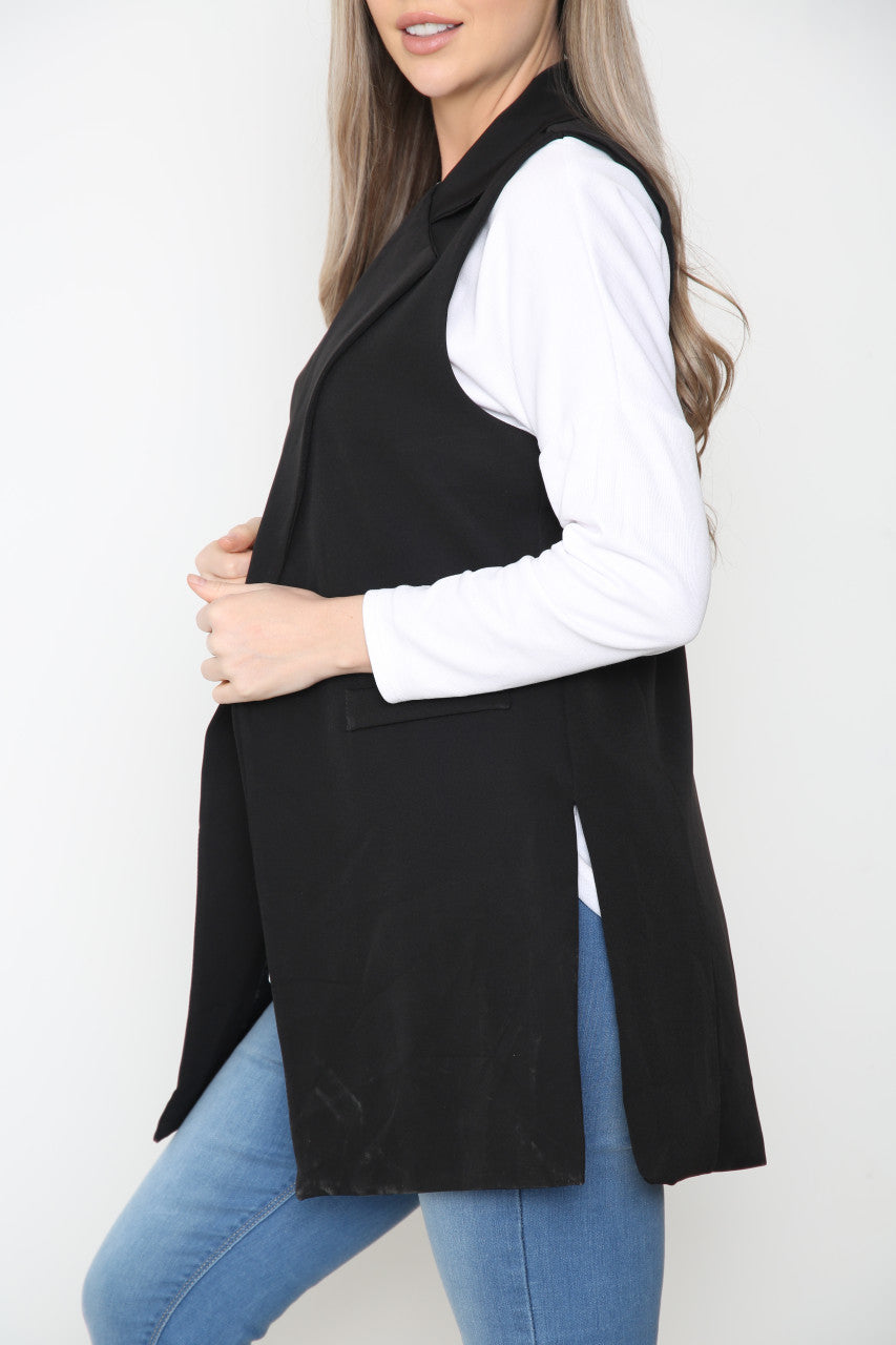 Ladies Plain Sleeveless Blazer Jacket Black