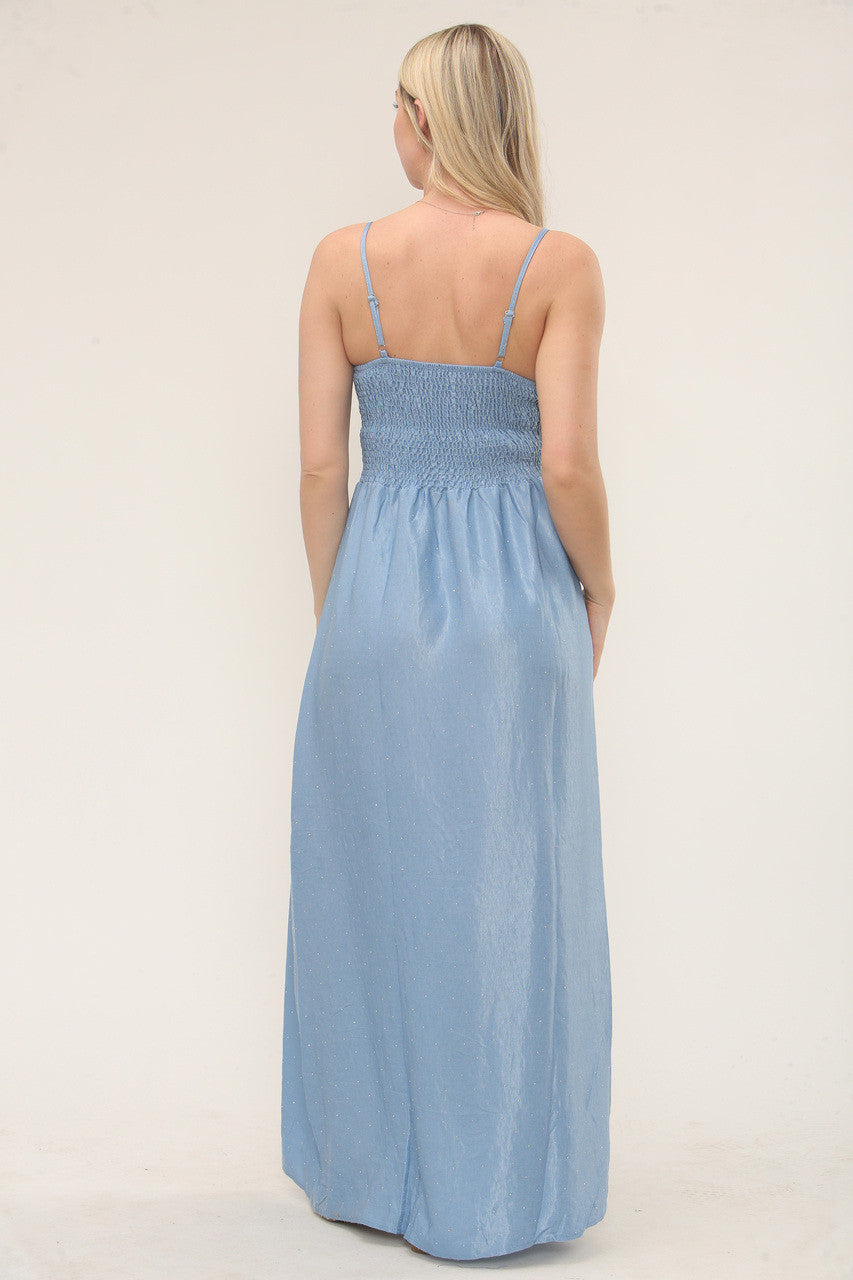 STRAPPY DIAMANTE DETAIL LONG SUMMER DRESS - LIGHT BLUE