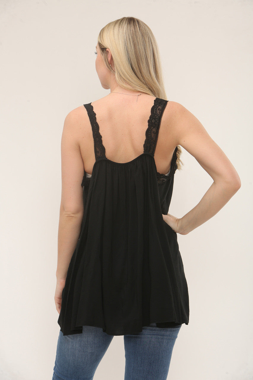 SLEEVELESS LACE TRIP V-NECK TOP - BLACK
