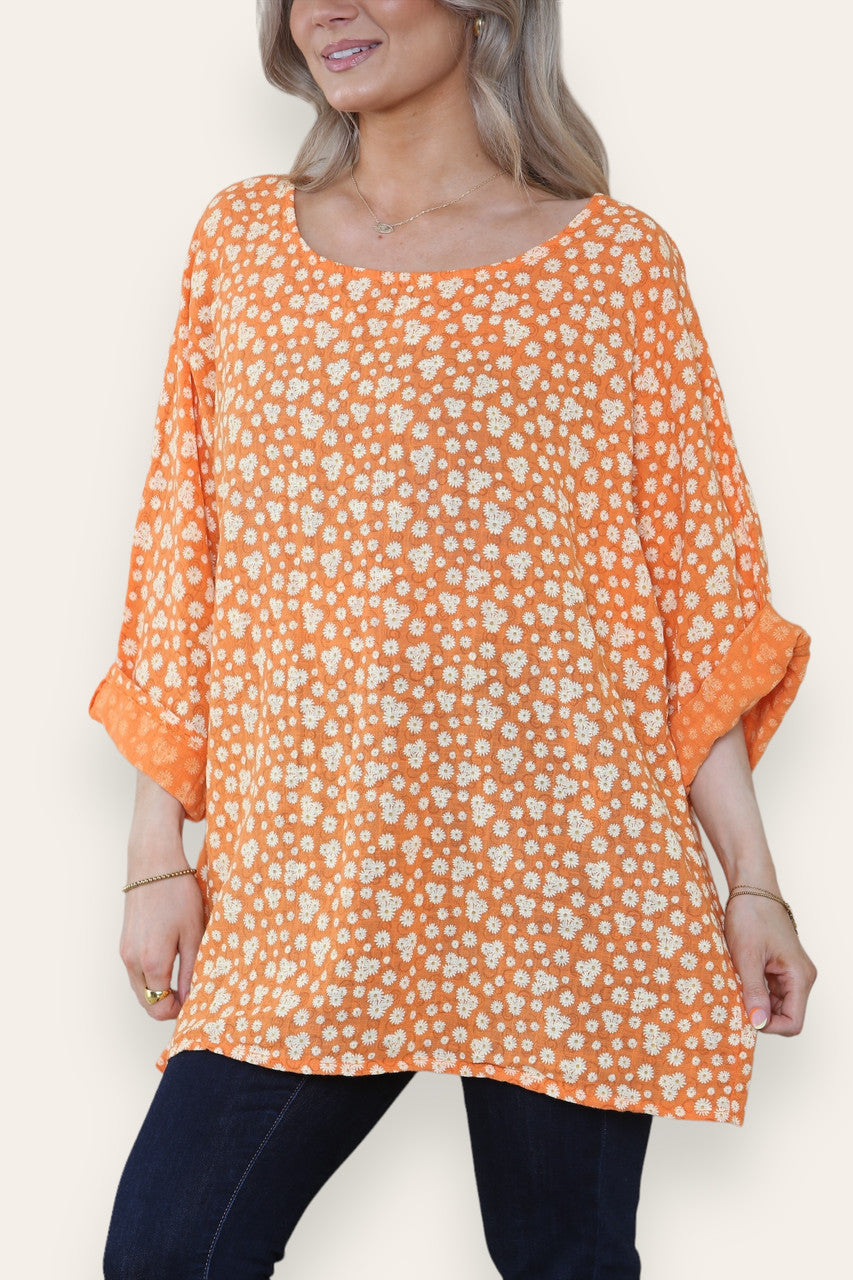 BLOES MET BLOEMENPRINT EN ONREGELMATIG PATROON ORANJE