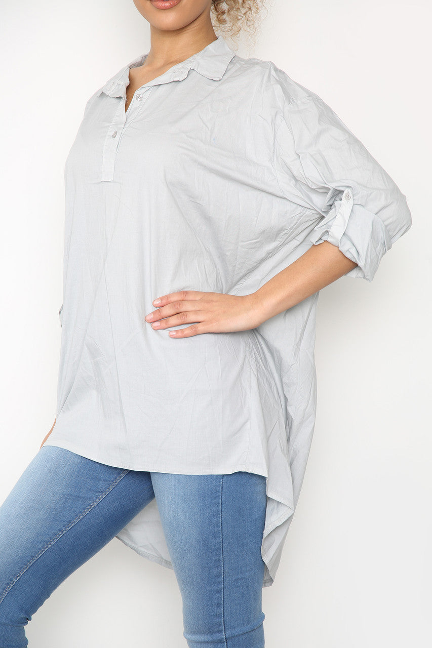 Ladies Plain Drop Hem Back Shirt Top Silver