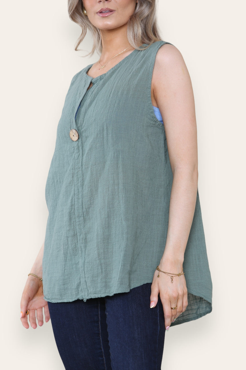 OPA KRAAG KNOP HALS MOUWLOZE VEST TOP KHAKI