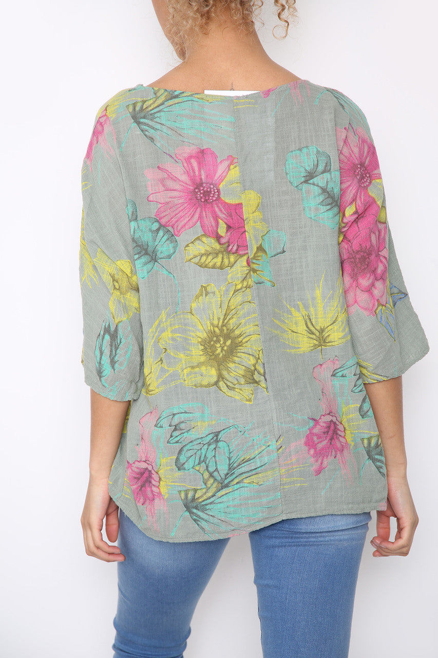 Dames Top met Kleurrijke Bloemenprint Khaki