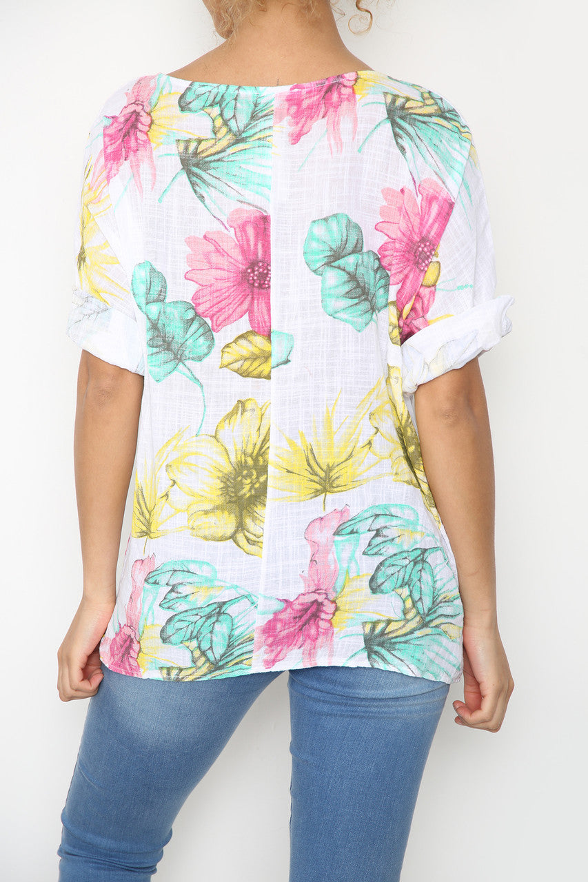 Ladies Colourful Flowers Sketch Print Top White