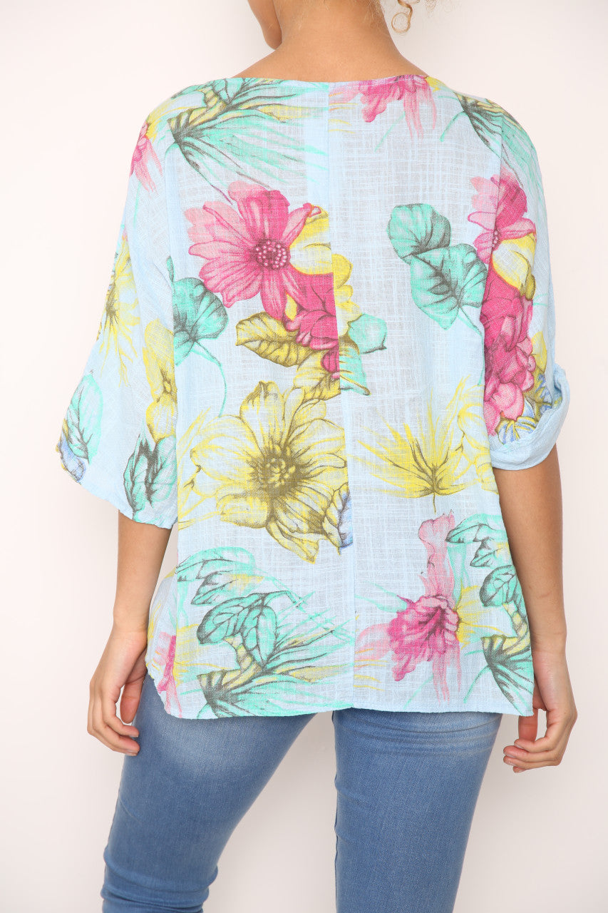 Ladies Colourful Flowers Sketch Print Top Sky Blue