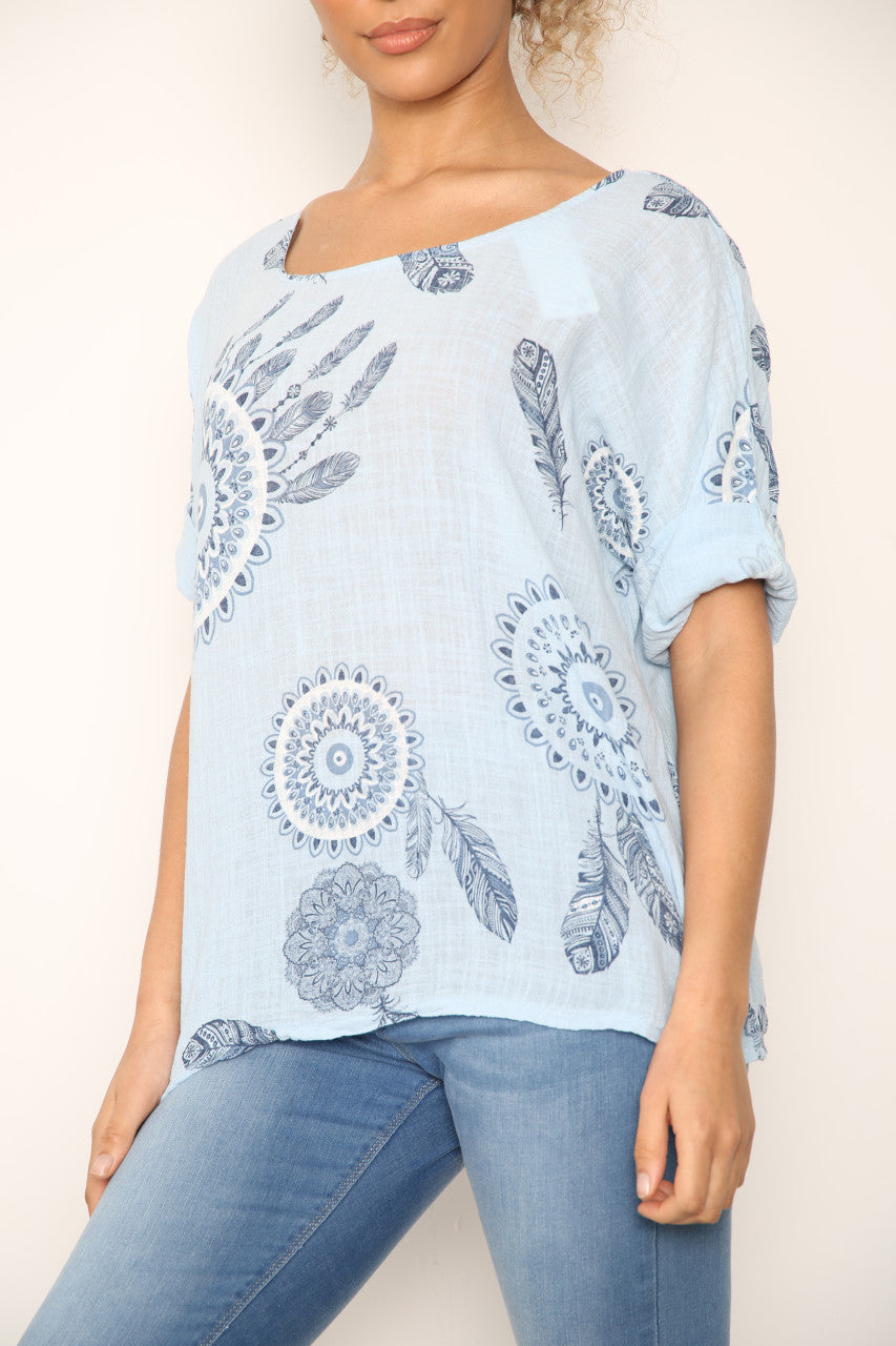 Ladies Dreamcatcher Print Top Sky Blue