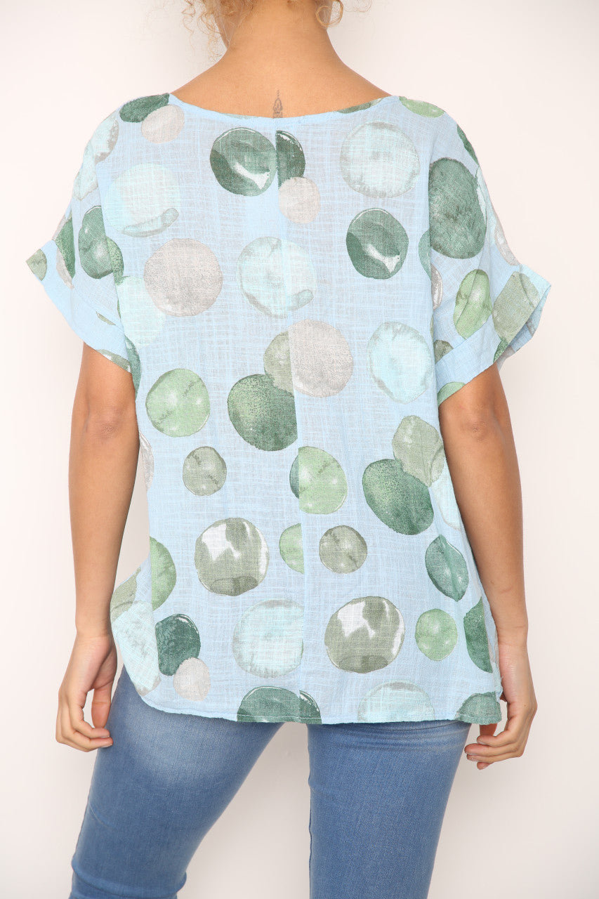 Ladies Bubbles Circles Print Top Light Blue