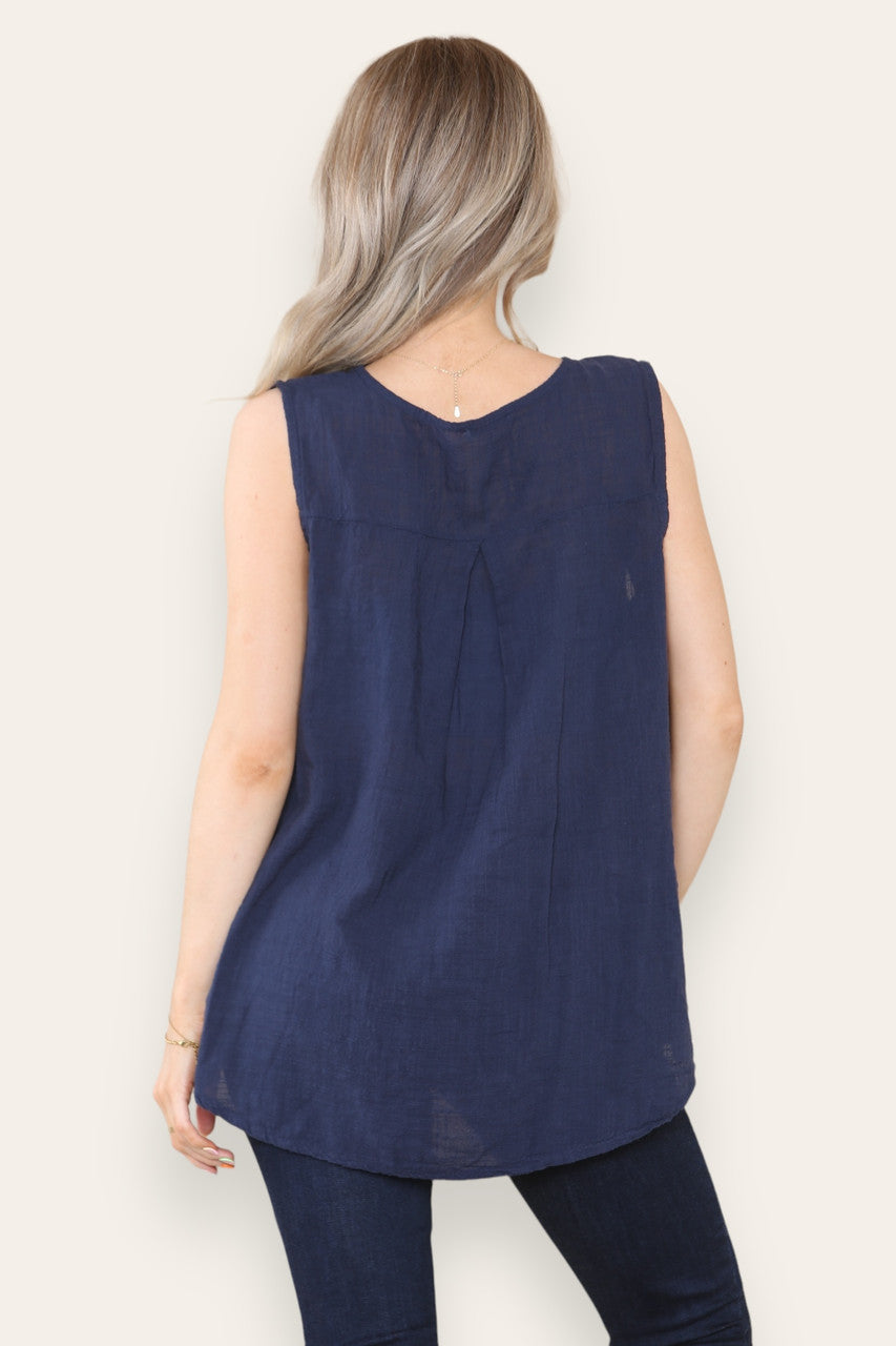 GROOTVADERKRAAG KNOPEN HALS MOUWLOOS VEST TOP NAVY
