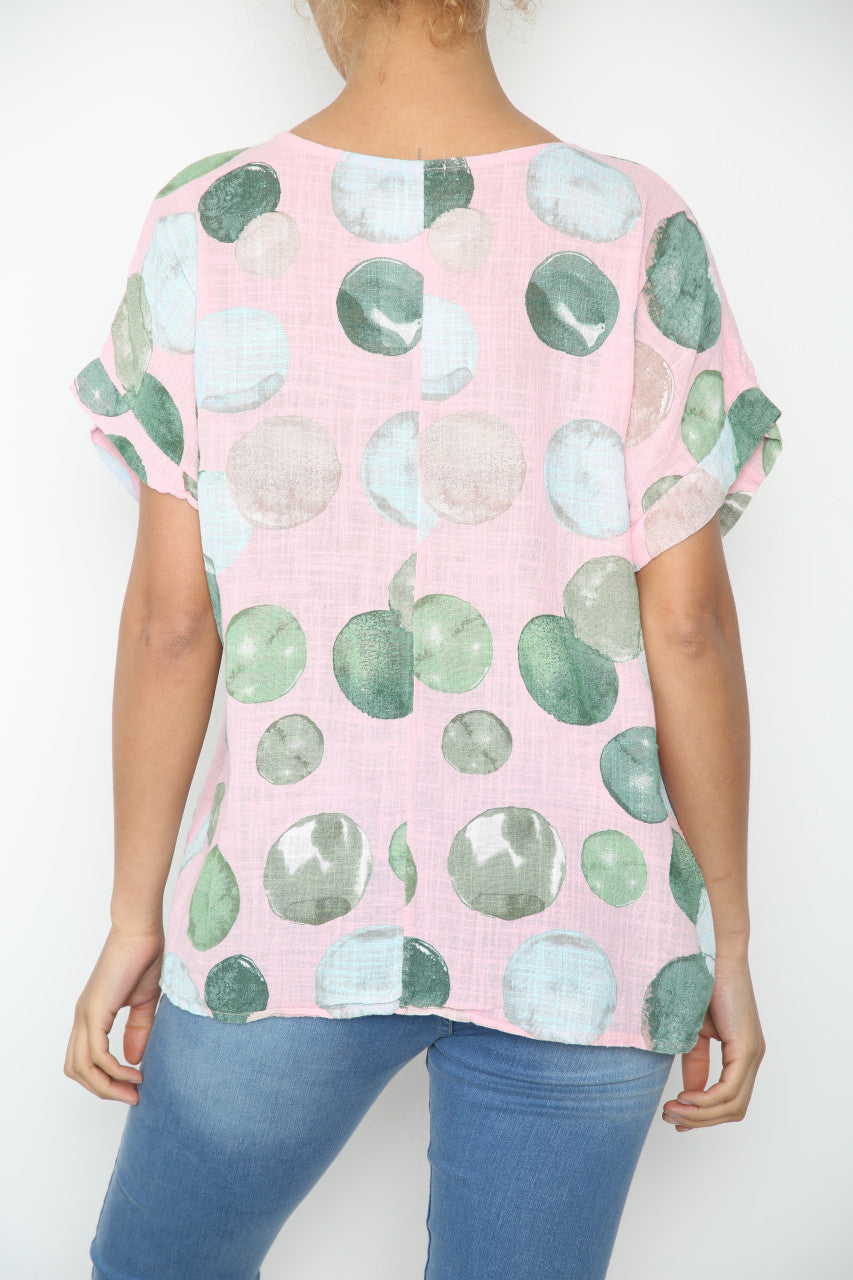 Ladies Bubbles Circles Print Top Dusty Pink