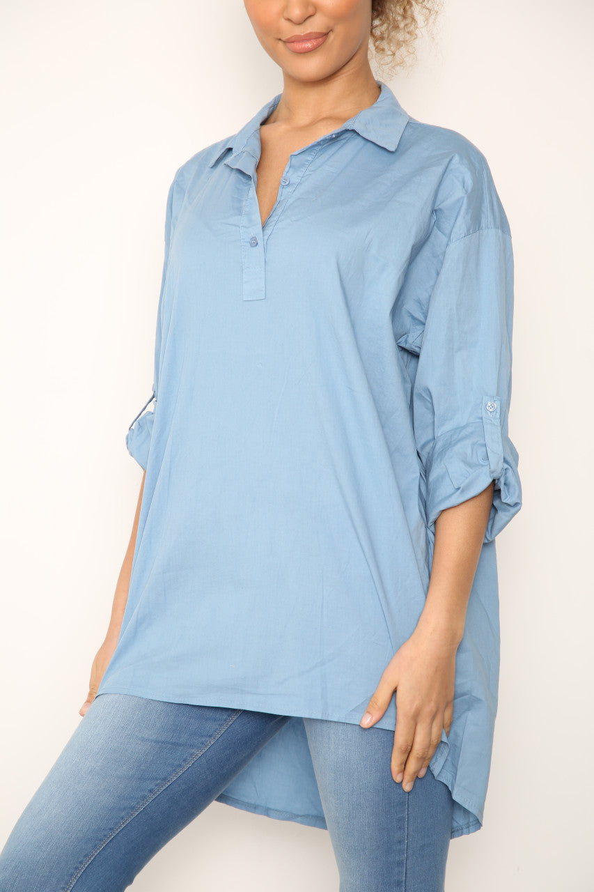 Dames Effen Shirt met Langere Achterkant Denim