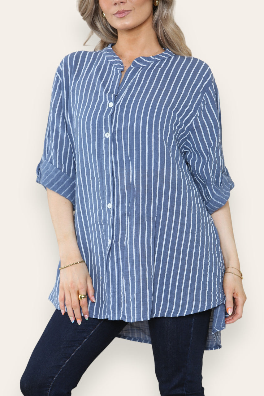 GESTREEPT GRANDAD-SHIRT DENIM