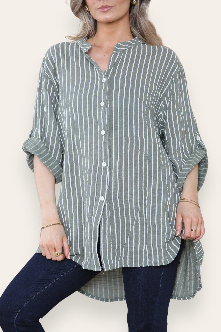 BLOUSE MET STREEPJES EN GRANDAD KRAAG IN KHAKI