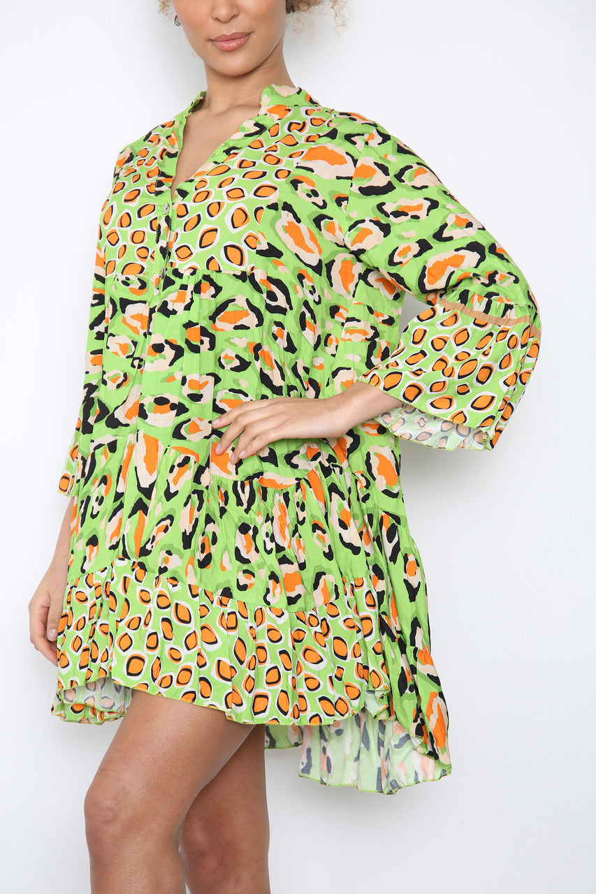Ladies Leopard Print Shirt Dress Lime