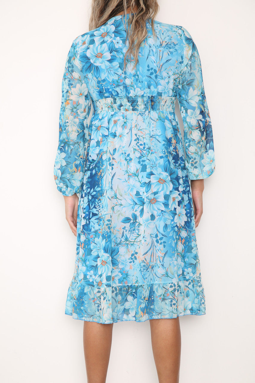 Ladies Elasticated Waist Floral Print Dress Turquoise