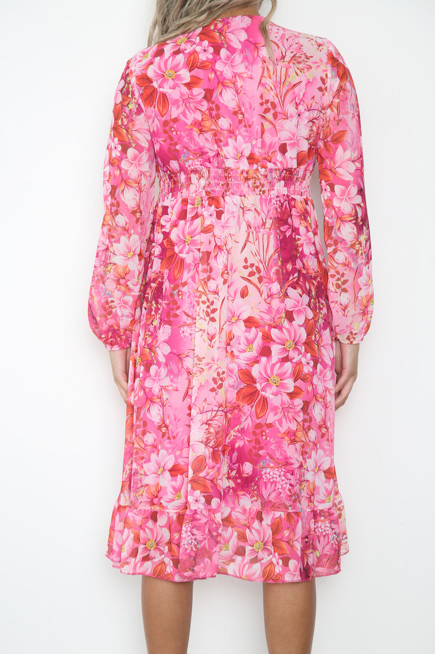 Ladies Elasticated Waist Floral Print Dress Cerise