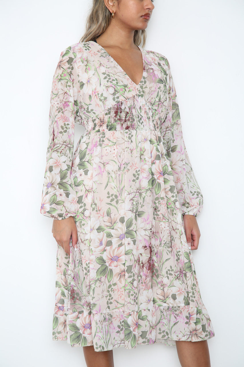 Damesjurk met bloemenprint en elastische taille steen