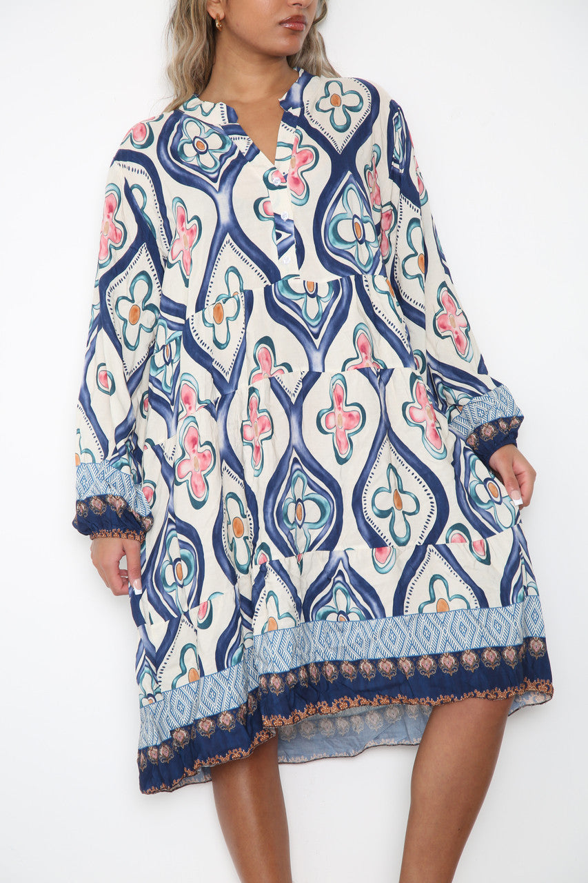 Ladies Diamond Floral Print Shirt Dress Navy