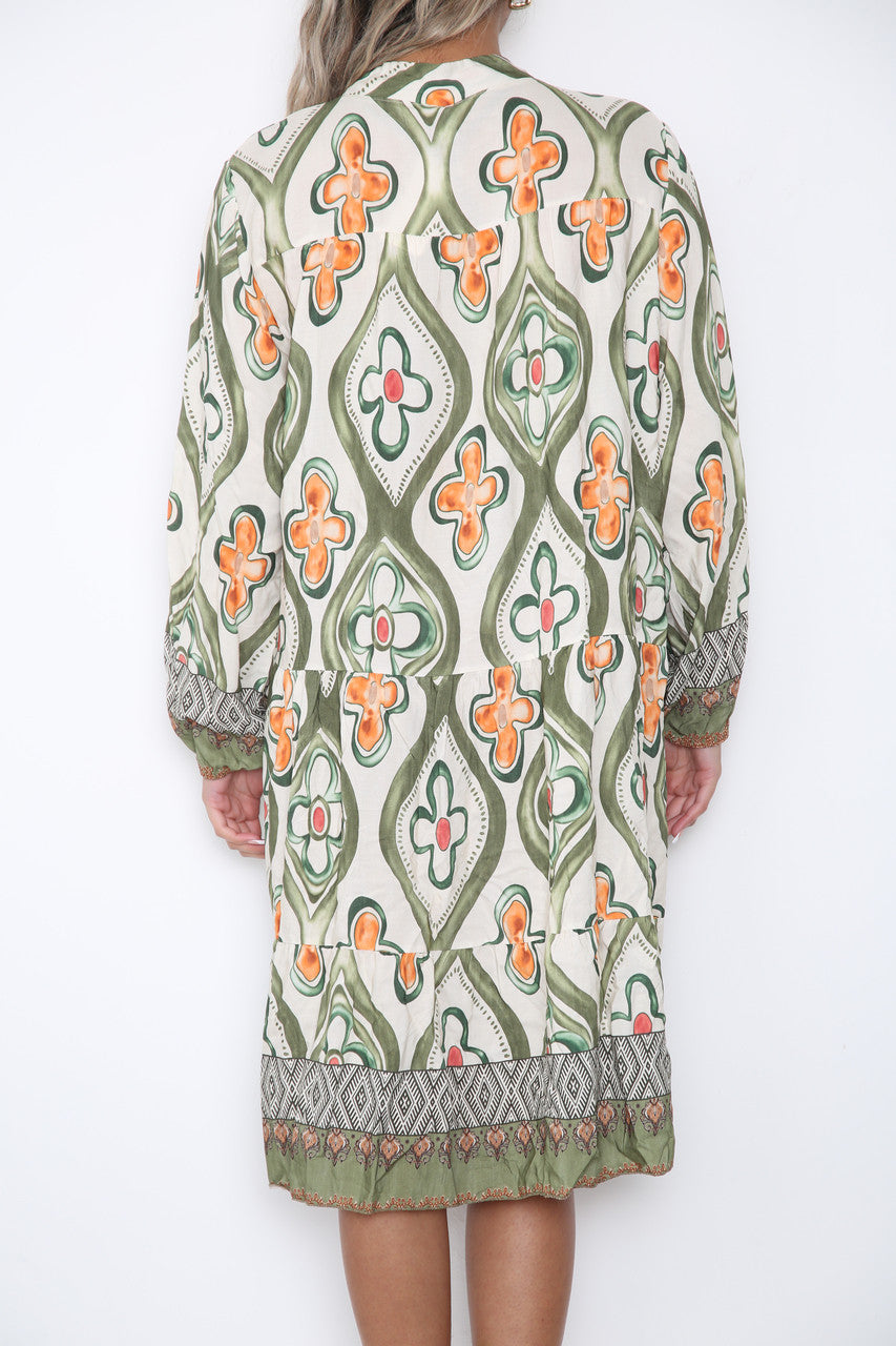 Ladies Diamond Floral Print Shirt Dress Khaki