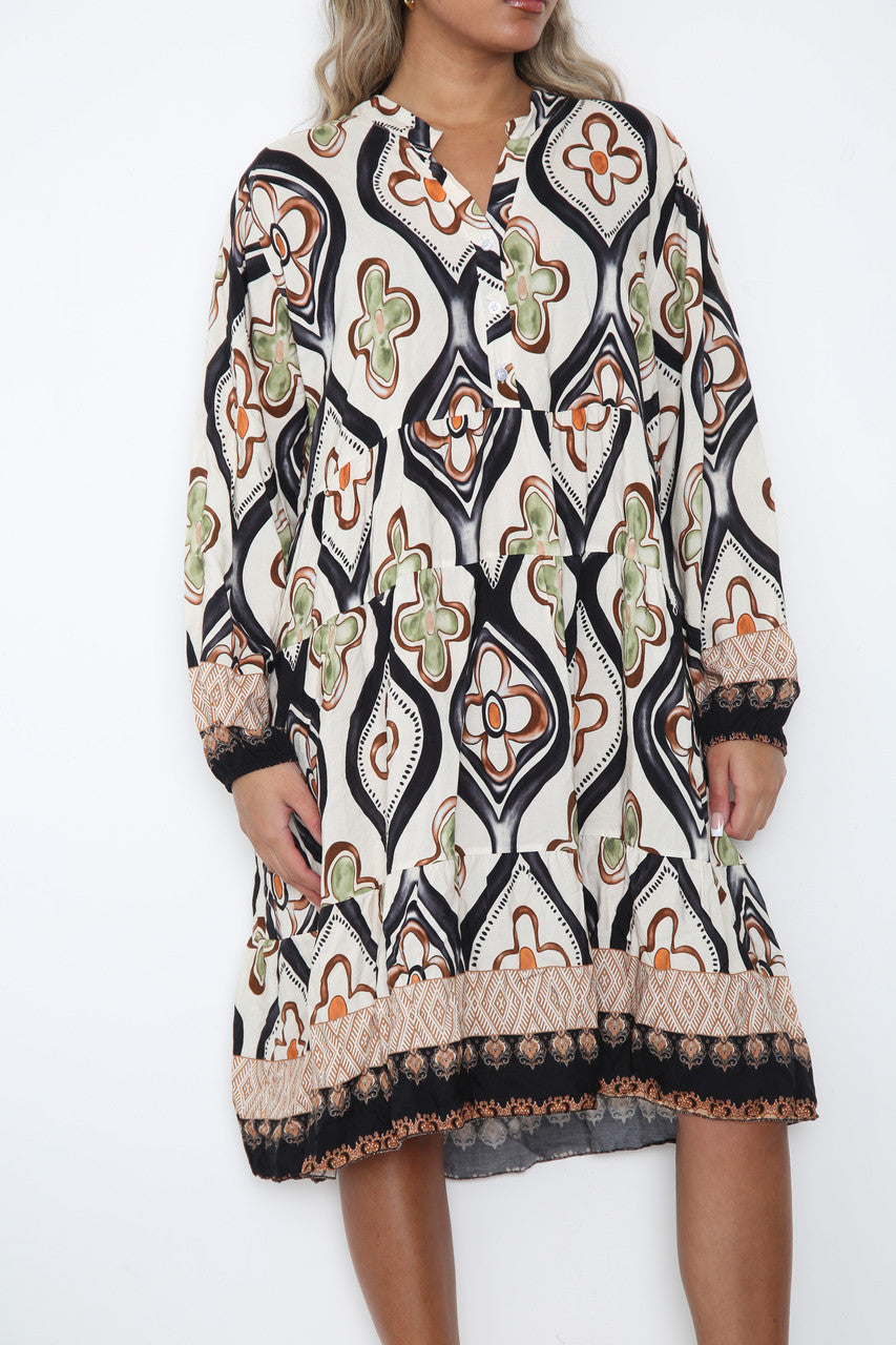 Ladies Diamond Floral Print Shirt Dress Black