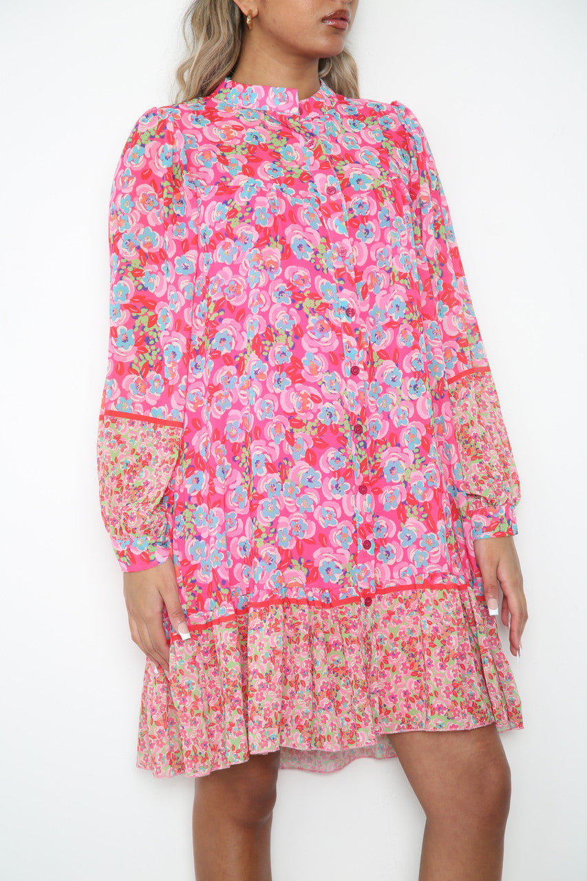 Ladies Ditsy Flowers & Leaves Print Shirt Dress Cerise