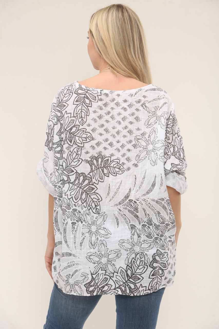 TOP MET ABSTRACTE BOTANISCHE BLADPRINT - WIT
