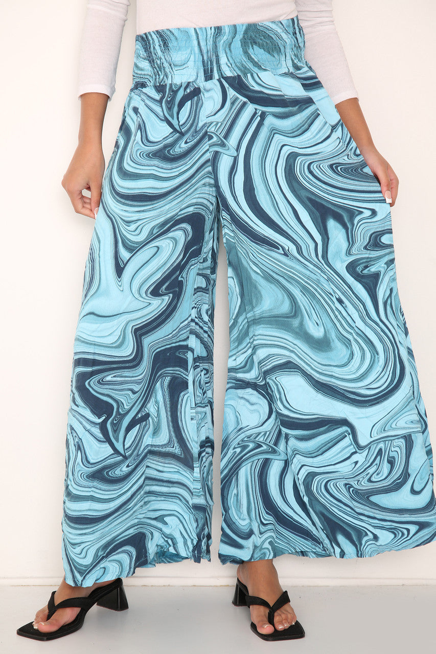 Dames Turkoois Broek met Wijde Pijpen, Elastische Taille en Wervelprint