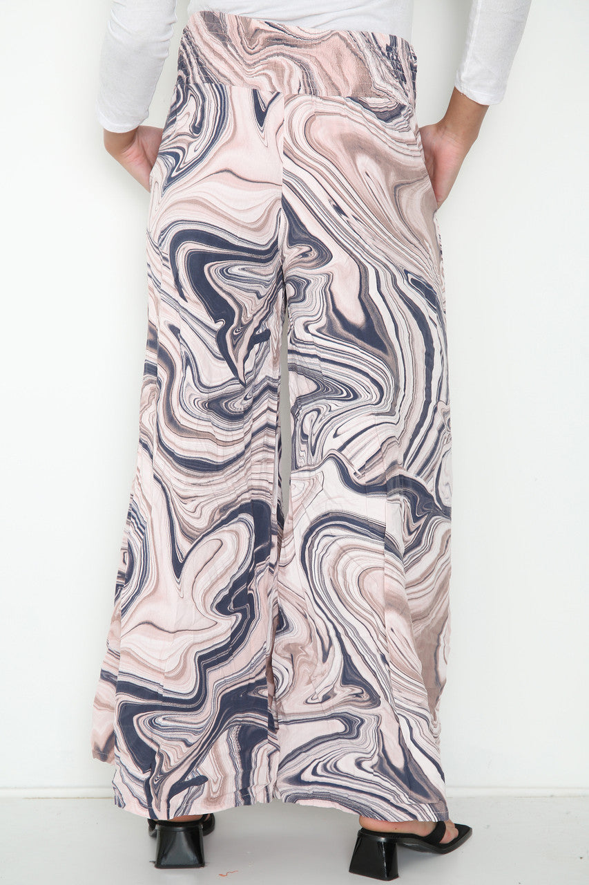 Dames broek met spiraalprint, elastische taille en wijde pijpen, stoffig roze