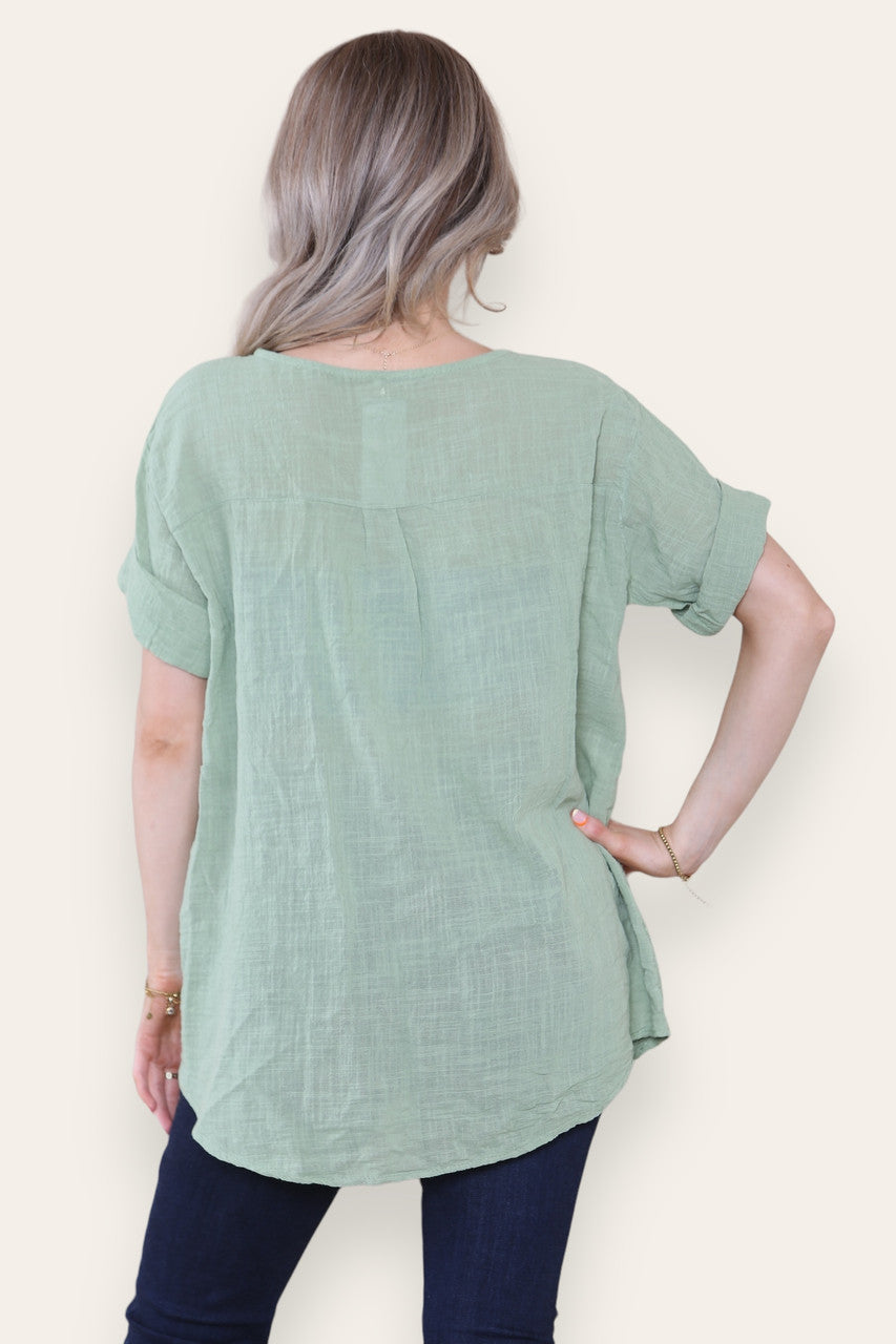 FLORAL EMBROIDERD GRANDAD COLLAR BUTTON FRONT TOP KHAKI