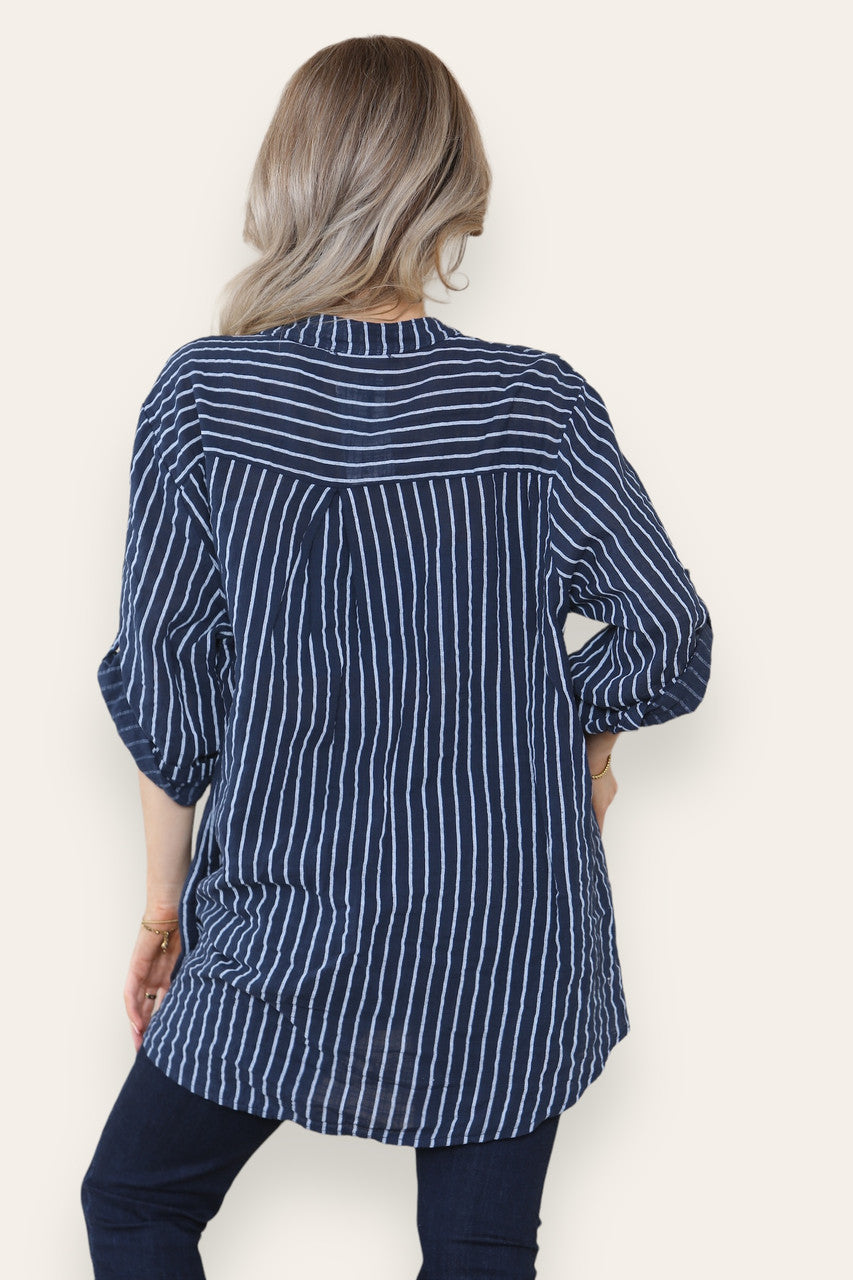OVERSHEMD MET STREEPJES OVERHEMD BLOUSE NAVY
