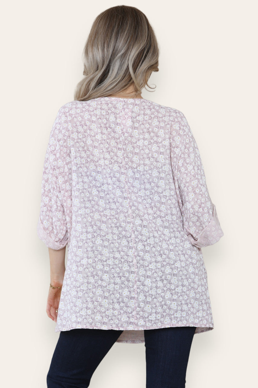 DITSY SWIRL FLORAL PRINT TOP DUSTY PINK