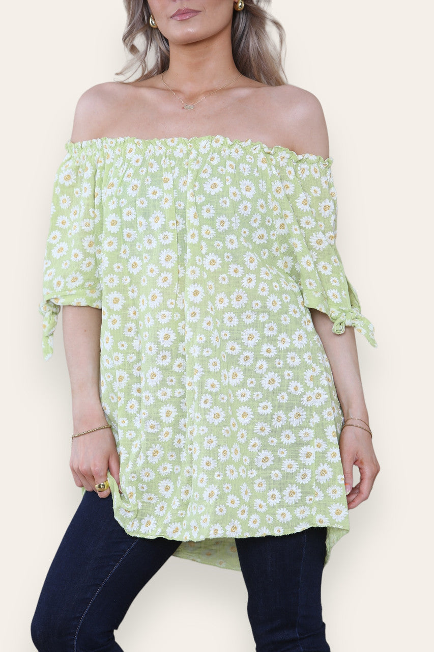 DITSY DAISY PRINT OFF THE SHOULDER BARDOT TOP LIME