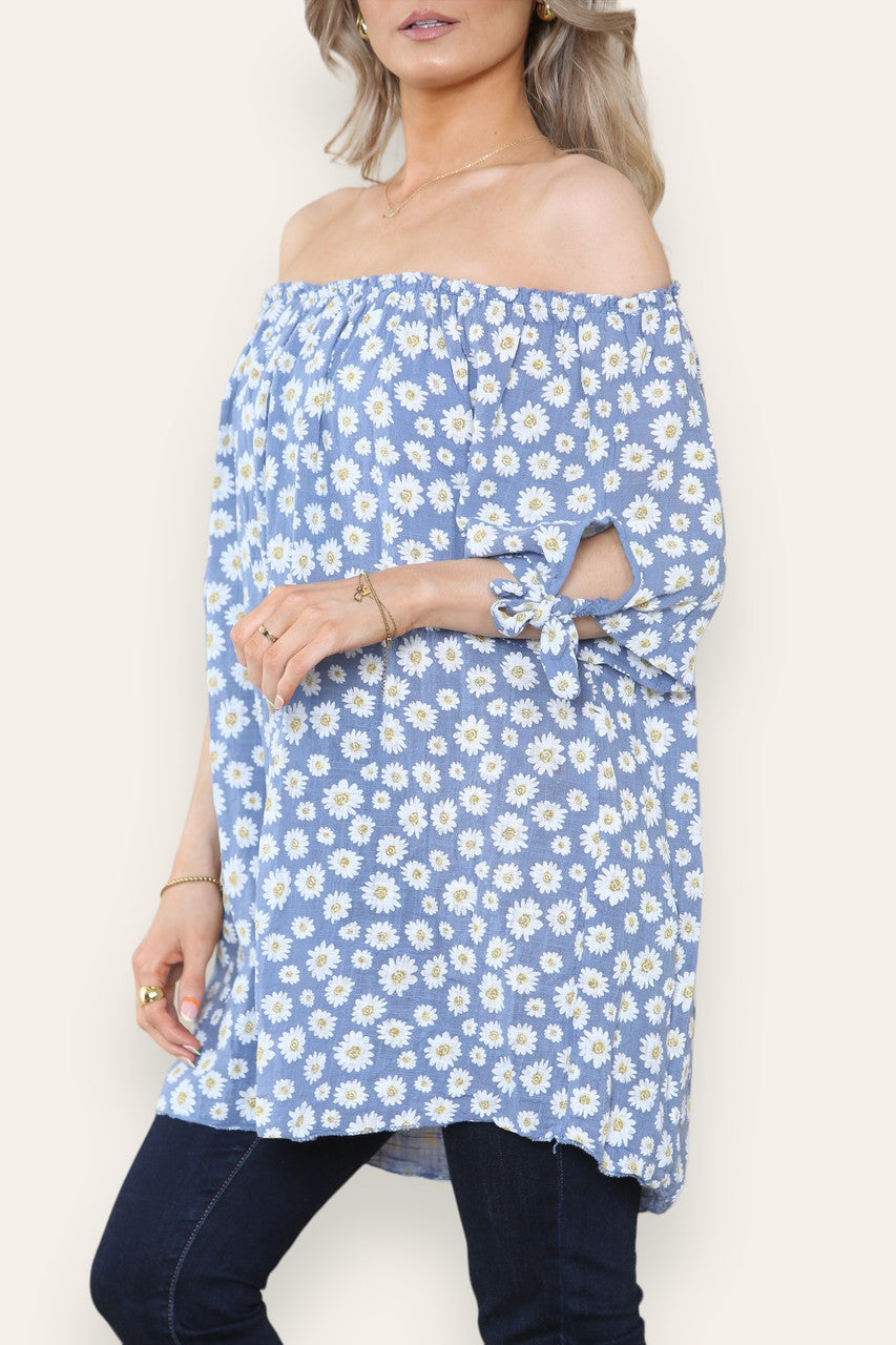 DITSY DAISY PRINT OFF THE SHOULDER BARDOT TOP DENIM