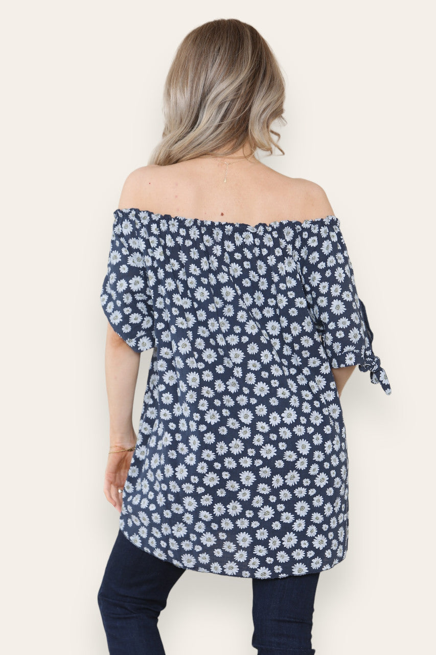 DITSY DAISY PRINT OFF THE SHOULDER BARDOT TOP NAVY