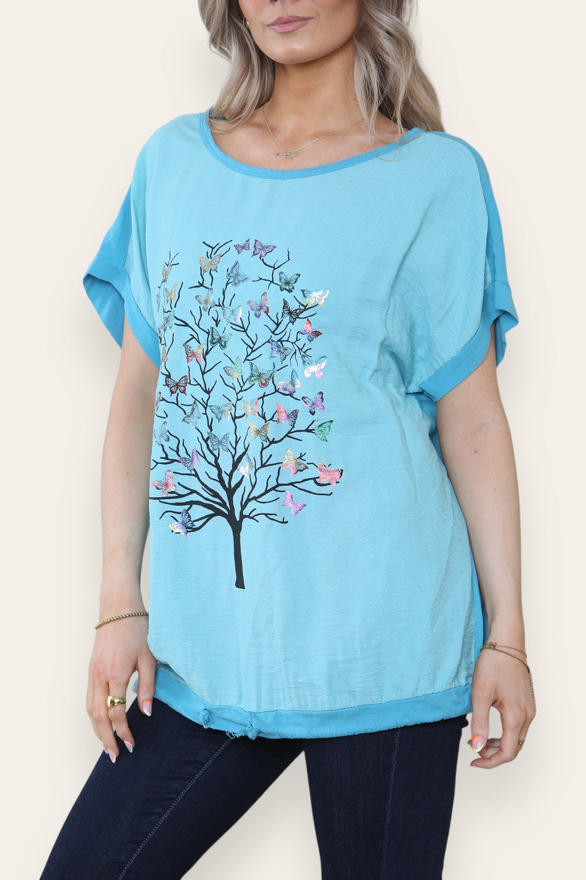 VLINDERBOOM FOLIE GRAPHISCH TOP TURKOOIS