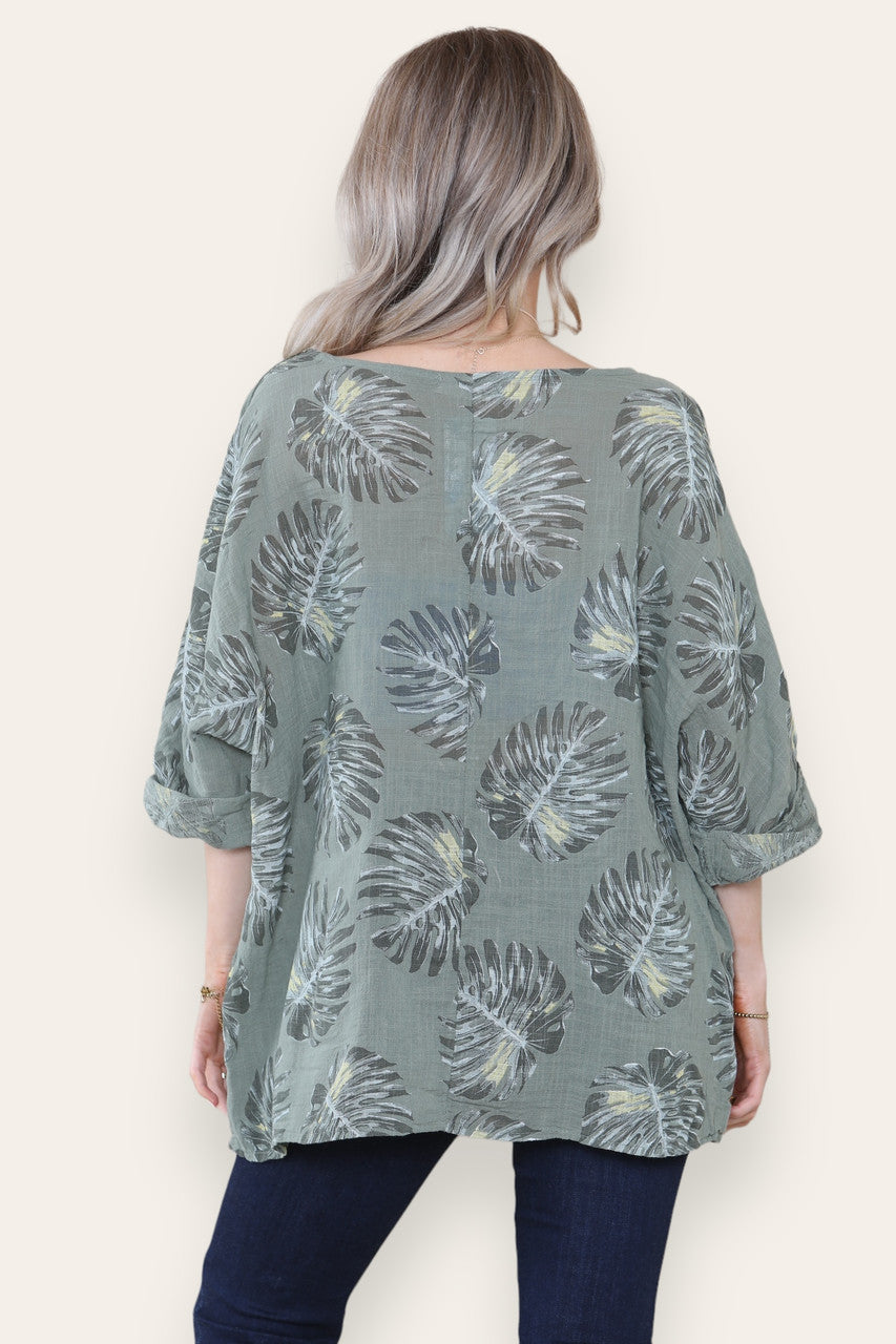 TOP MET PALMBLAADPRINT - KHAKI