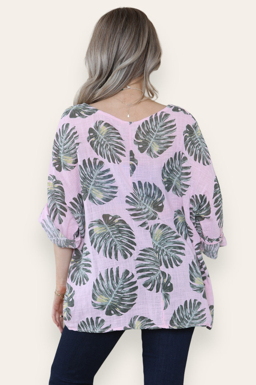 TOP MET PALMBLADPRINT - ROZE
