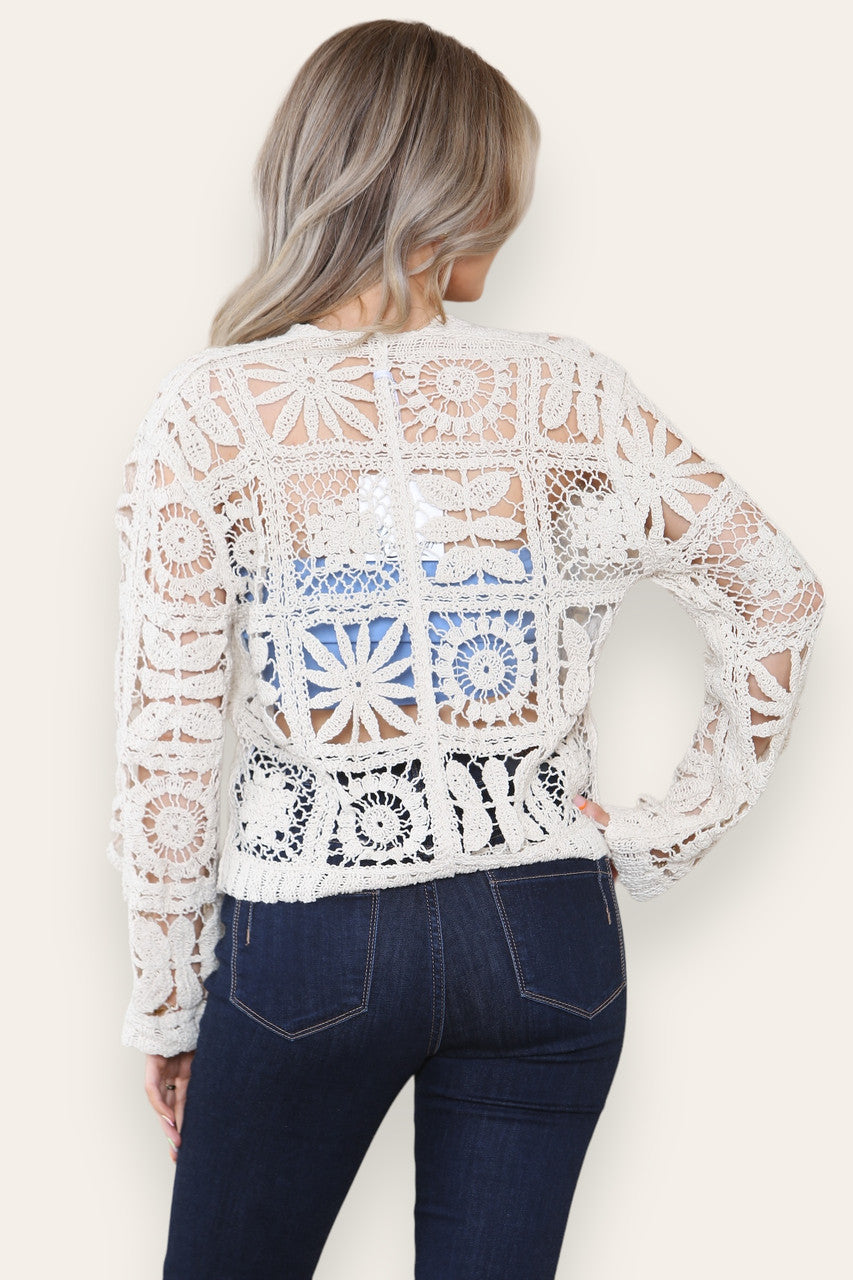GEHAAKT VEST MET BLOEMEN - STEEN