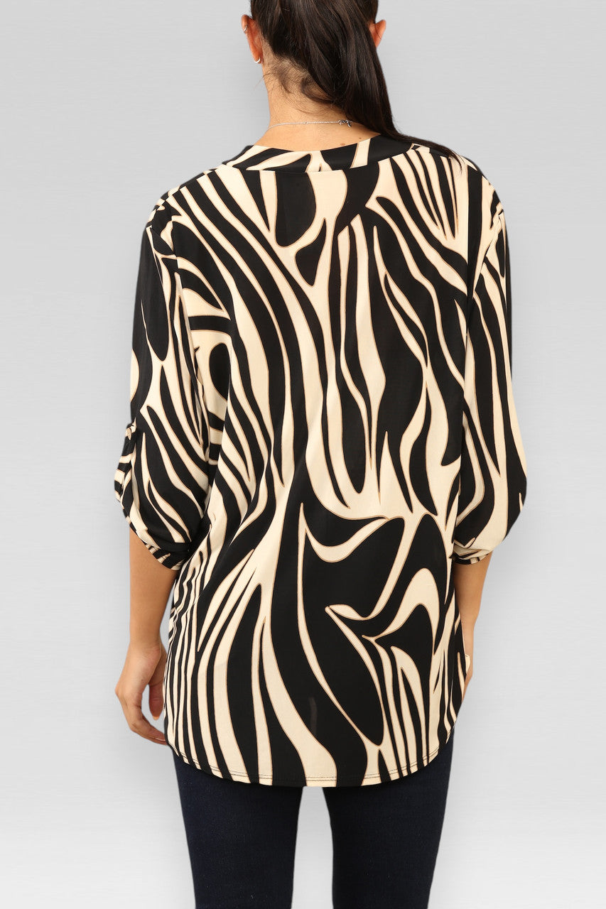 MARMERPRINT BLOUSE TOP MET V-HALS ZWART