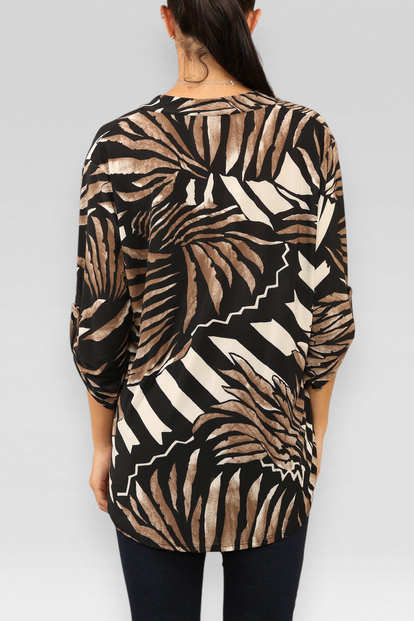 ABSTRACT PRINT V-HALS BLOUSE TOP ZWART