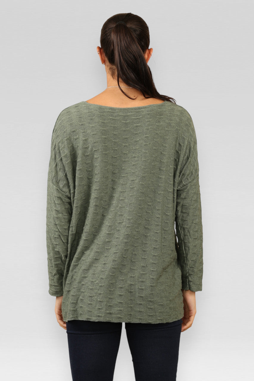 TOP MET PRINT IN RELIËF KAKI